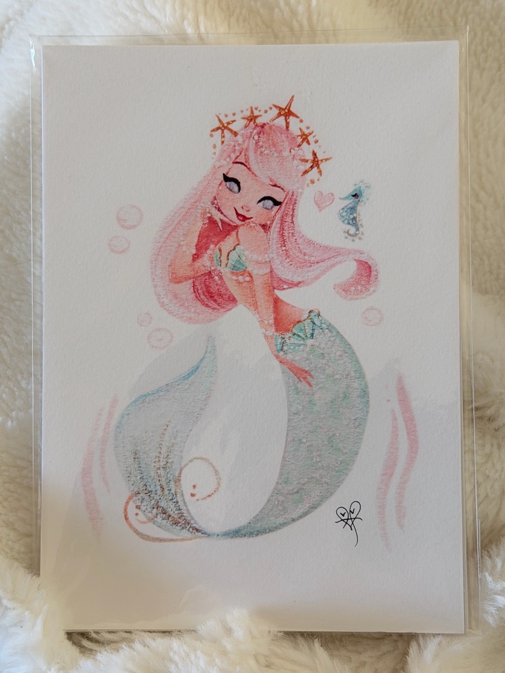 NEW Liana Hee Pastel Princess Pink Mermaid Fine Art Print 7x6 Starfish Seahorse